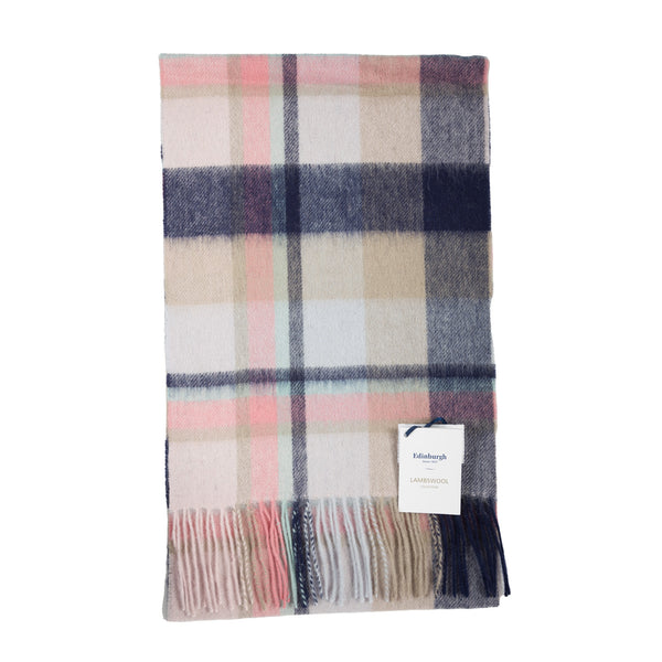 Edinburgh 100% Lambswool Tartan Scarf Myriad Check - Navy/Peony/Aqua