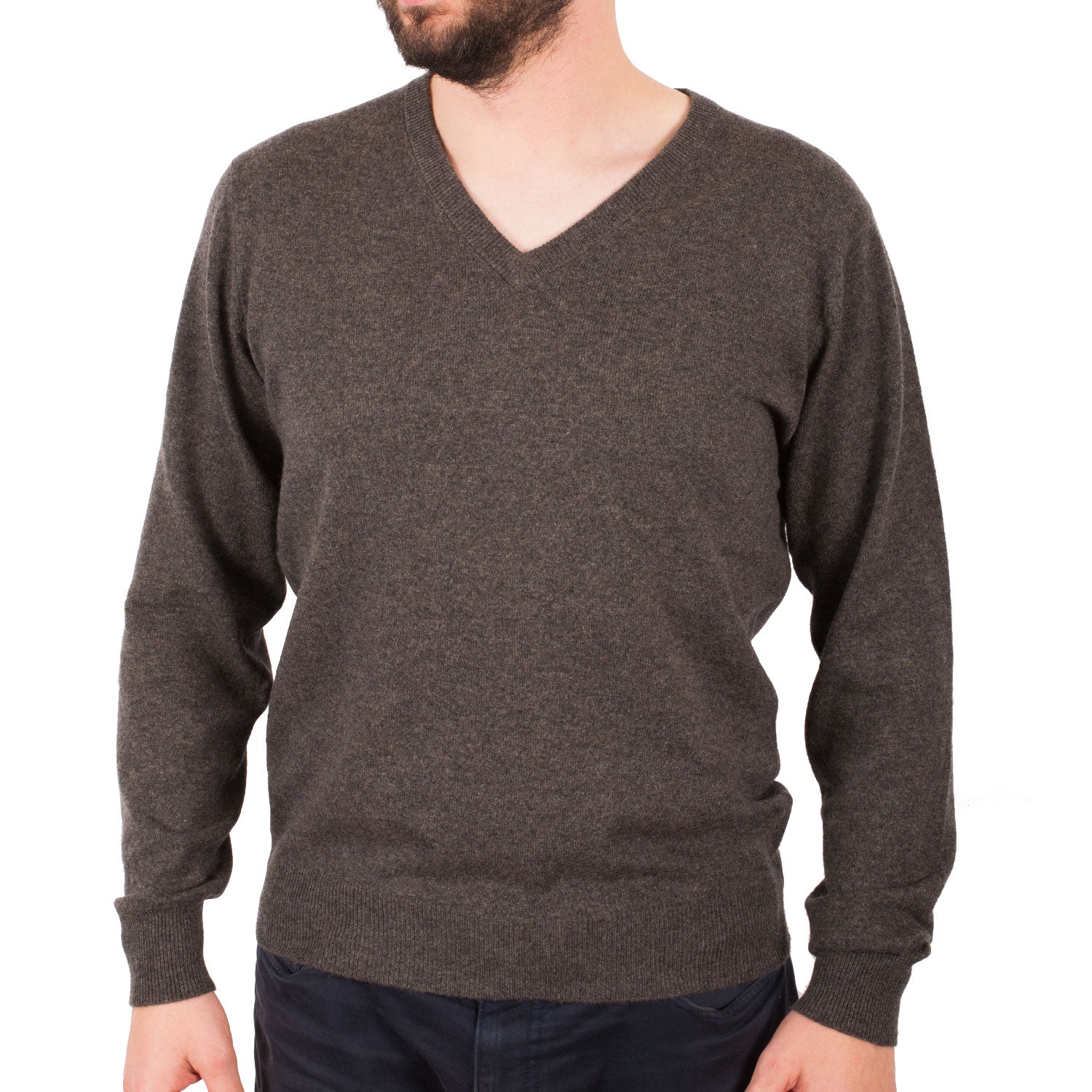 100% Cashmere V Neck Plain Men's Jumper Ptarmigan