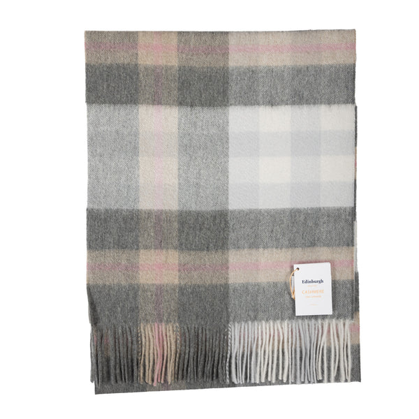 100% Cashmere Wide Tartan Scarf Scots Check ÔÇô Light Blue/Orient Grey