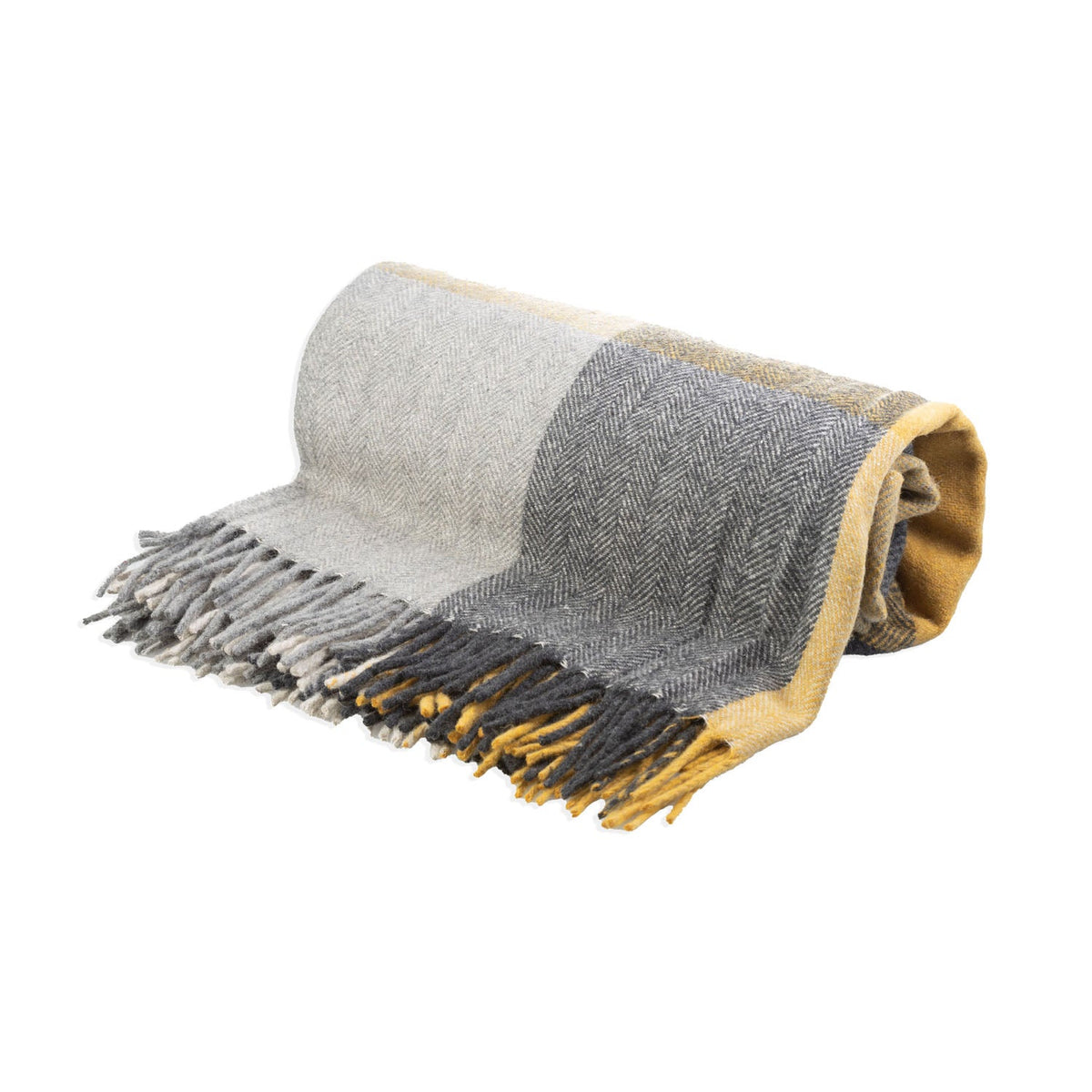 The Cosy Check – Recycled Wool Block-Check Herringbone Blanket - GREY OCHRE