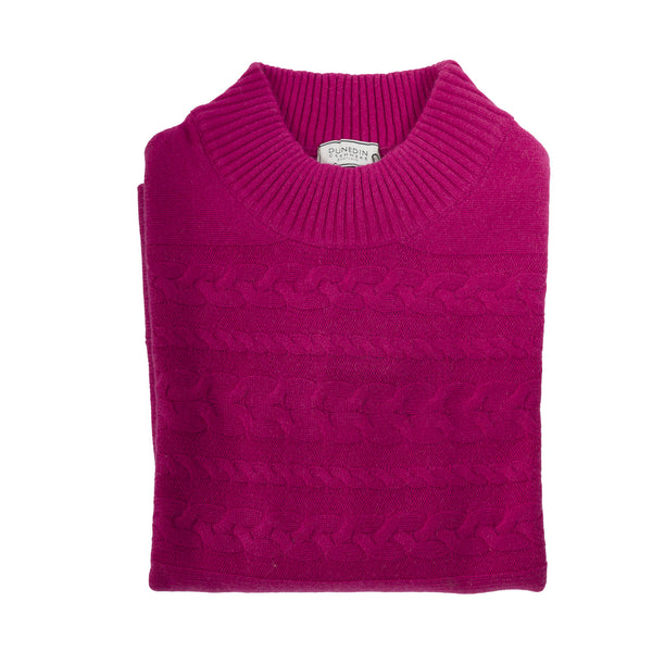 100% Cashmere Ladies T Neck Cable Poncho Fuchsia