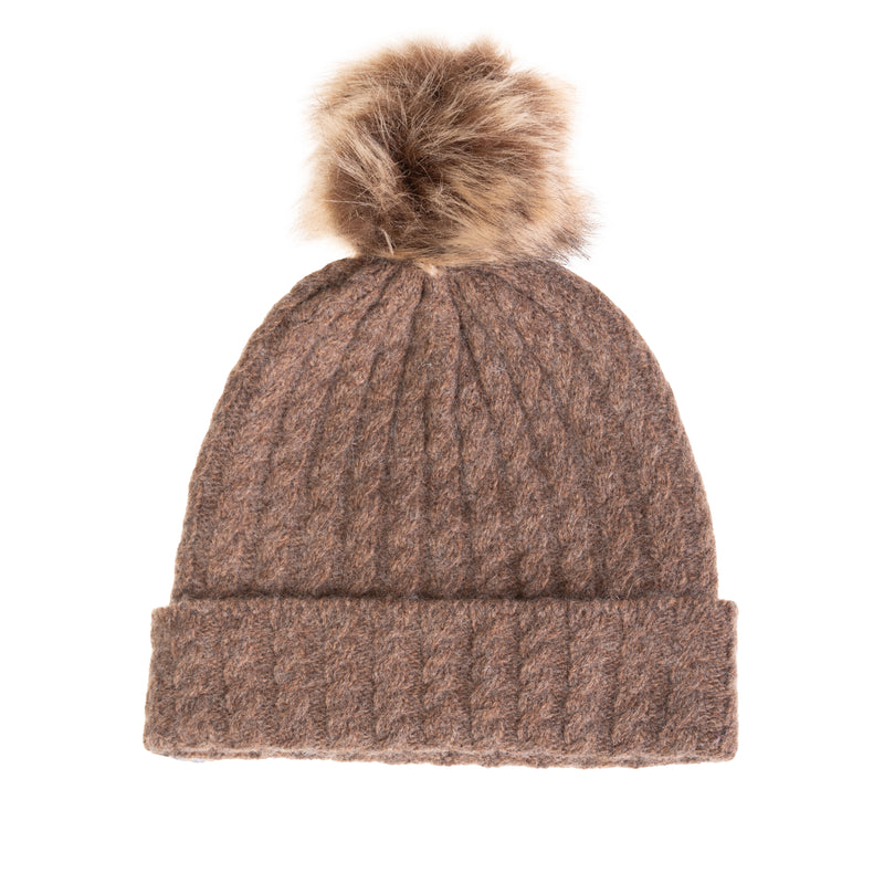 Ladies Cable Lambswool Mix Beanie Pom Brindle