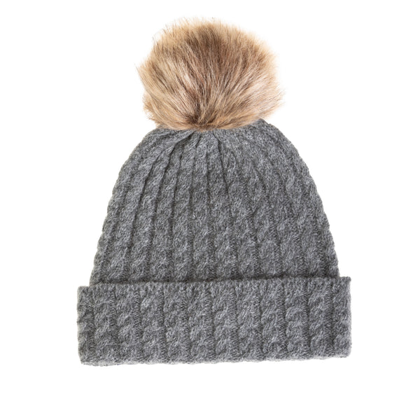 Ladies Cable Lambswool Mix Beanie Pom Charcoal