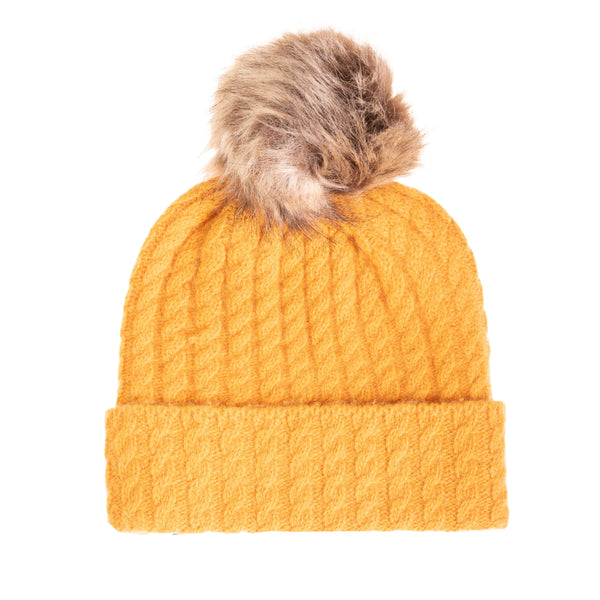 Ladies Cable Lambswool Mix Beanie Pom Ochre
