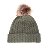 Ladies Cable Lambswool Mix Beanie Pom Olive