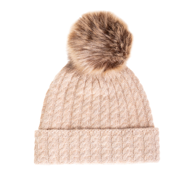 Ladies Cable Lambswool Mix Beanie Pom Sand