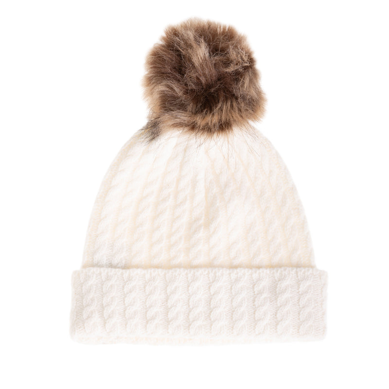 Ladies Cable Lambswool Mix Beanie Pom White