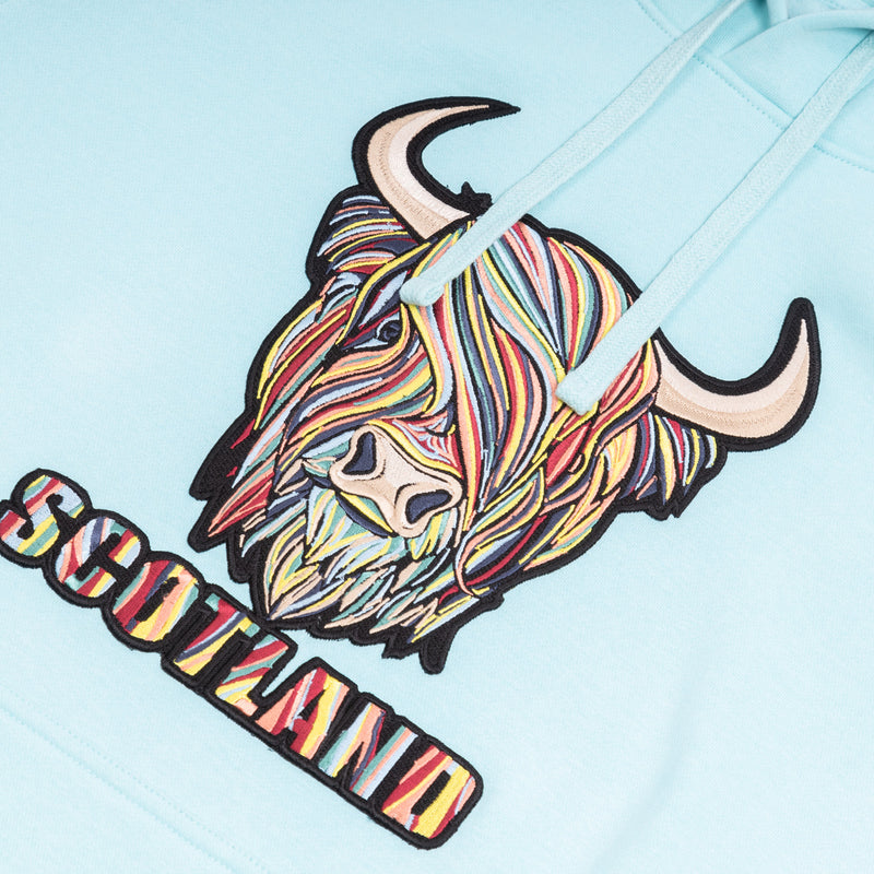 Colourful Highland Cow Embroidered Hood Aqua