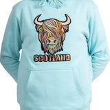Colourful Highland Cow Embroidered Hood Aqua