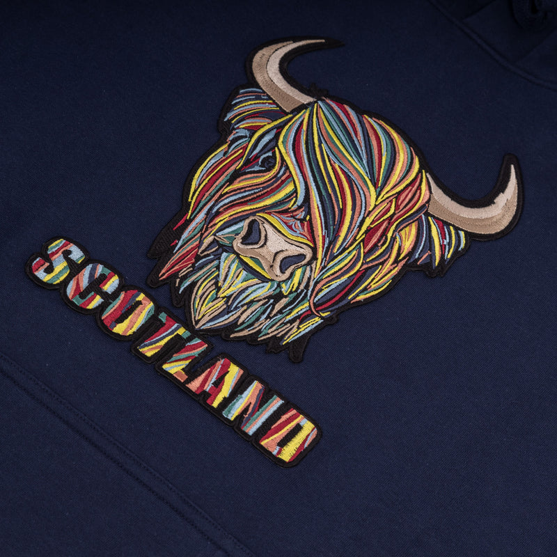 Colourful Highland Cow Embroidered Hood Navy