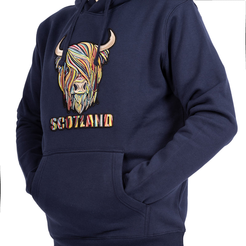 Colourful Highland Cow Embroidered Hood Navy