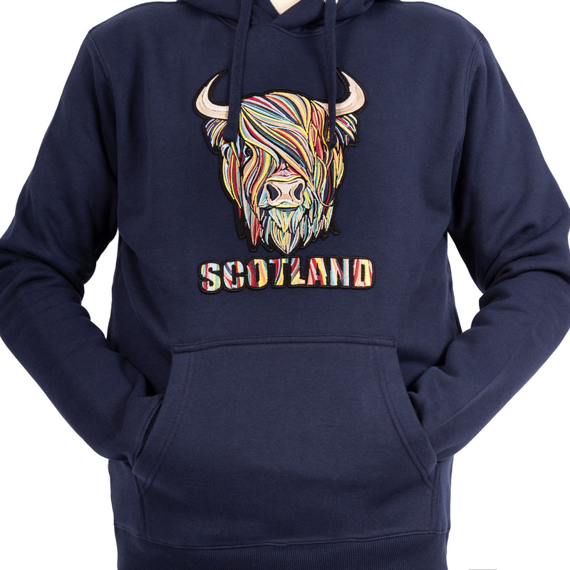 Colourful Highland Cow Embroidered Hood Navy