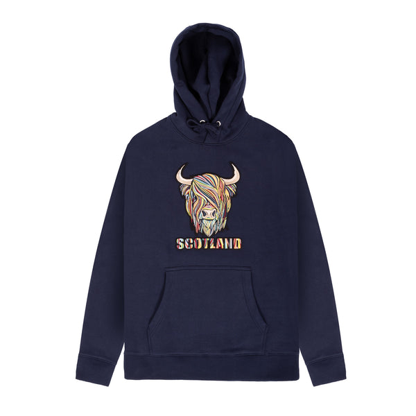 Colourful Highland Cow Embroidered Hood Navy