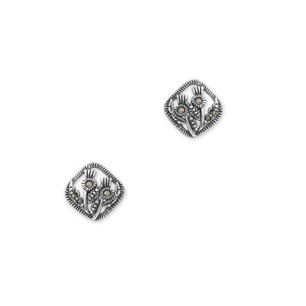 Scottish Thistle Silver Square Earrings With Marcasite Stones