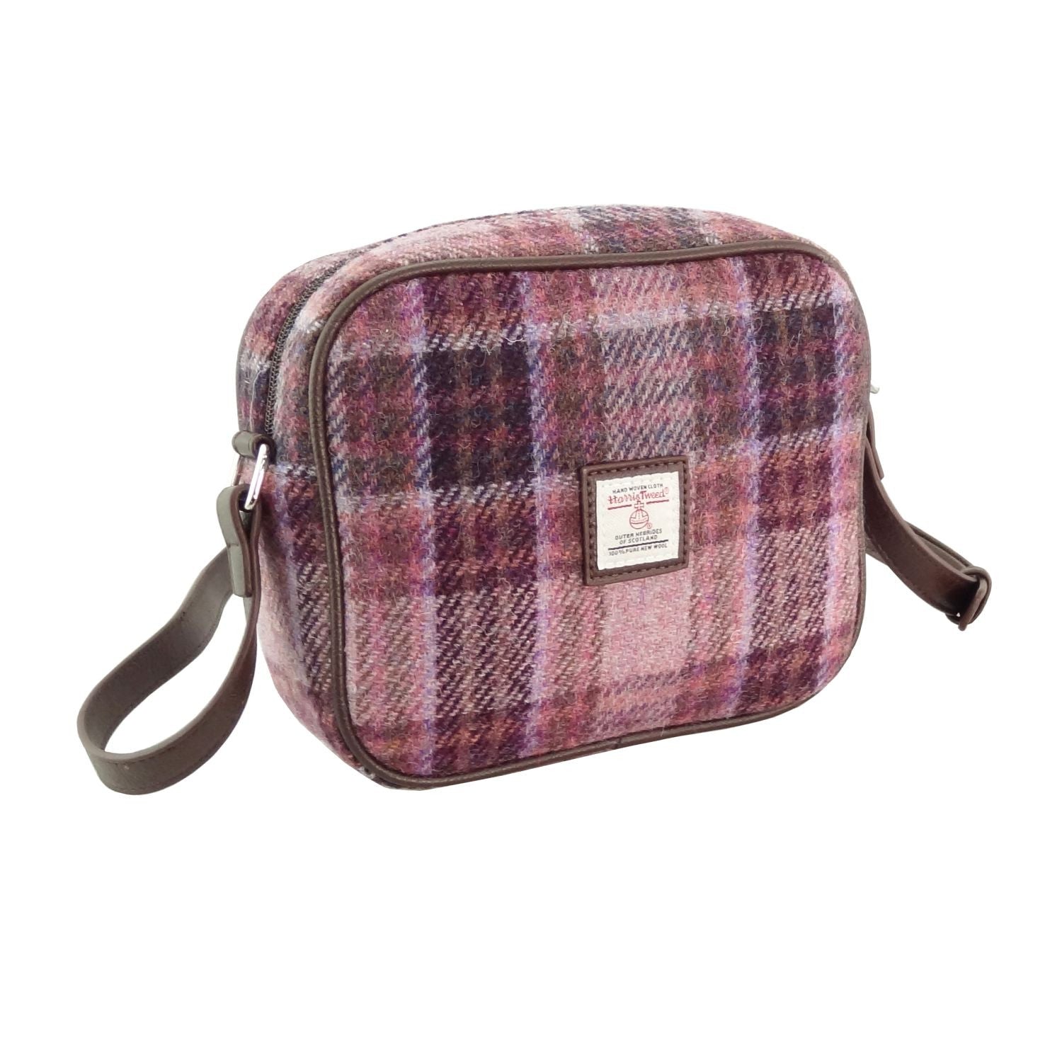 Harris Tweed Almond Mini Bag - Compact Scottish Crossbody Bag - Pink/Burgundy Check (COL154)