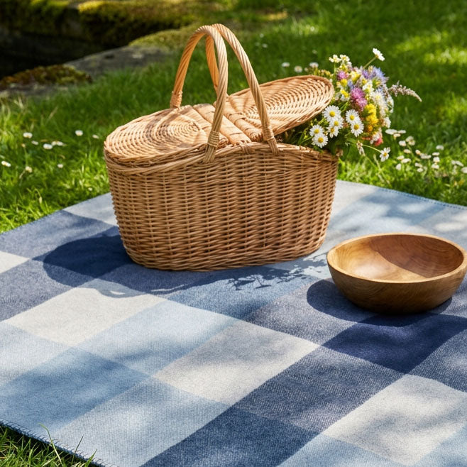 Woodside Check Foldaway Picnic Blanket with Carry Strap – Recycled Wool - LIGHT BLUE