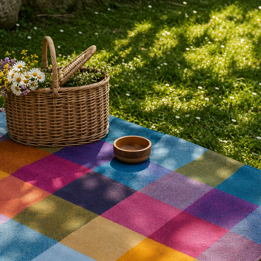 Woodside Check Foldaway Picnic Blanket with Carry Strap – Recycled Wool - BRIGHT