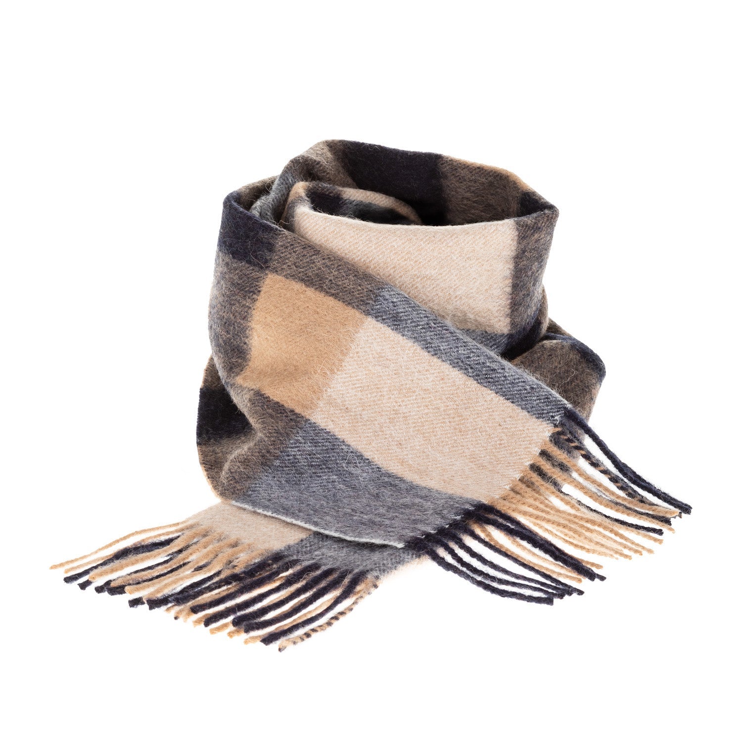 Edinburgh 100% Lambswool Scarf – Premium Soft Wool Wrap - BURSTED CHECK NEUTRAL/NAVY