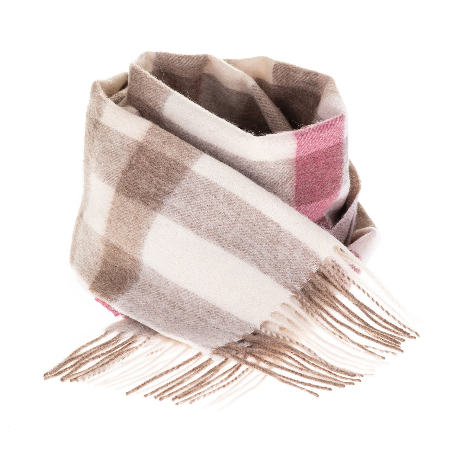 Edinburgh 100% Lambswool Scarf – Premium Soft Wool Wrap - GIANT CHEQUER - PINK/TAUPE