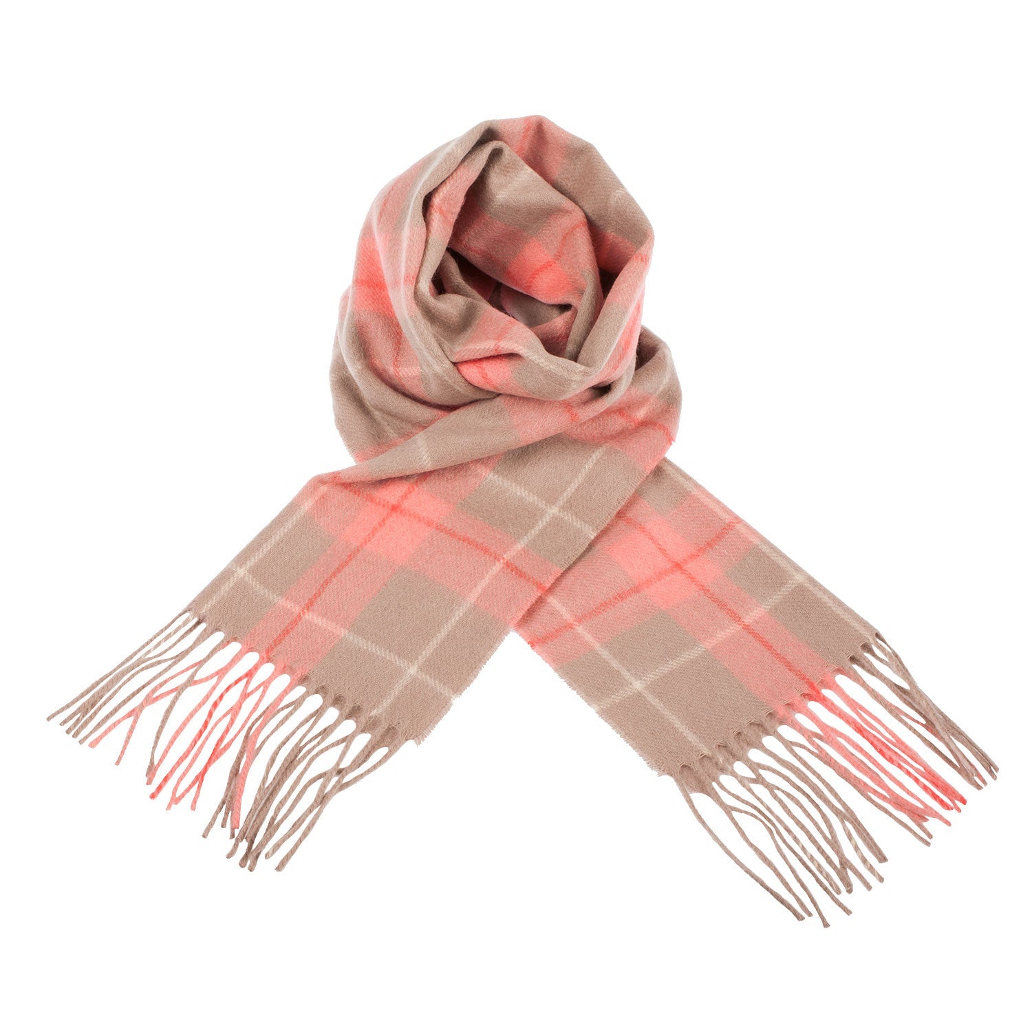 Edinburgh 100% Lambswool Scarf – Premium Soft Wool Wrap - HEIVON TATTERSALL - WARM TAUPE/CORAL