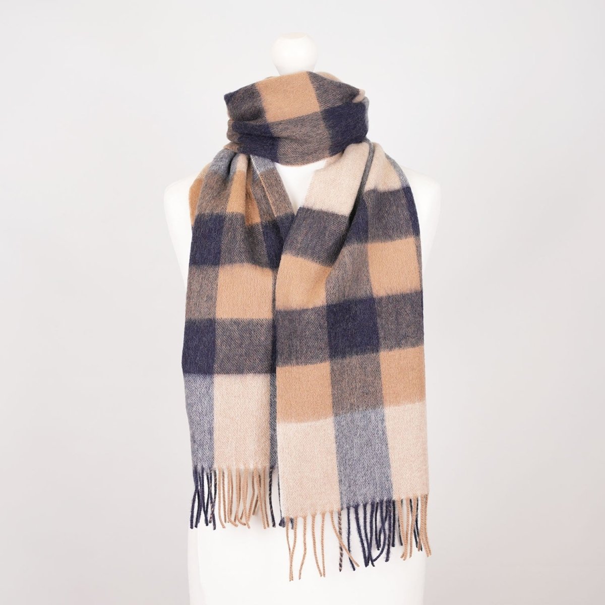 Edinburgh 100% Lambswool Scarf – Premium Soft Wool Wrap - BURSTED CHECK NEUTRAL/NAVY