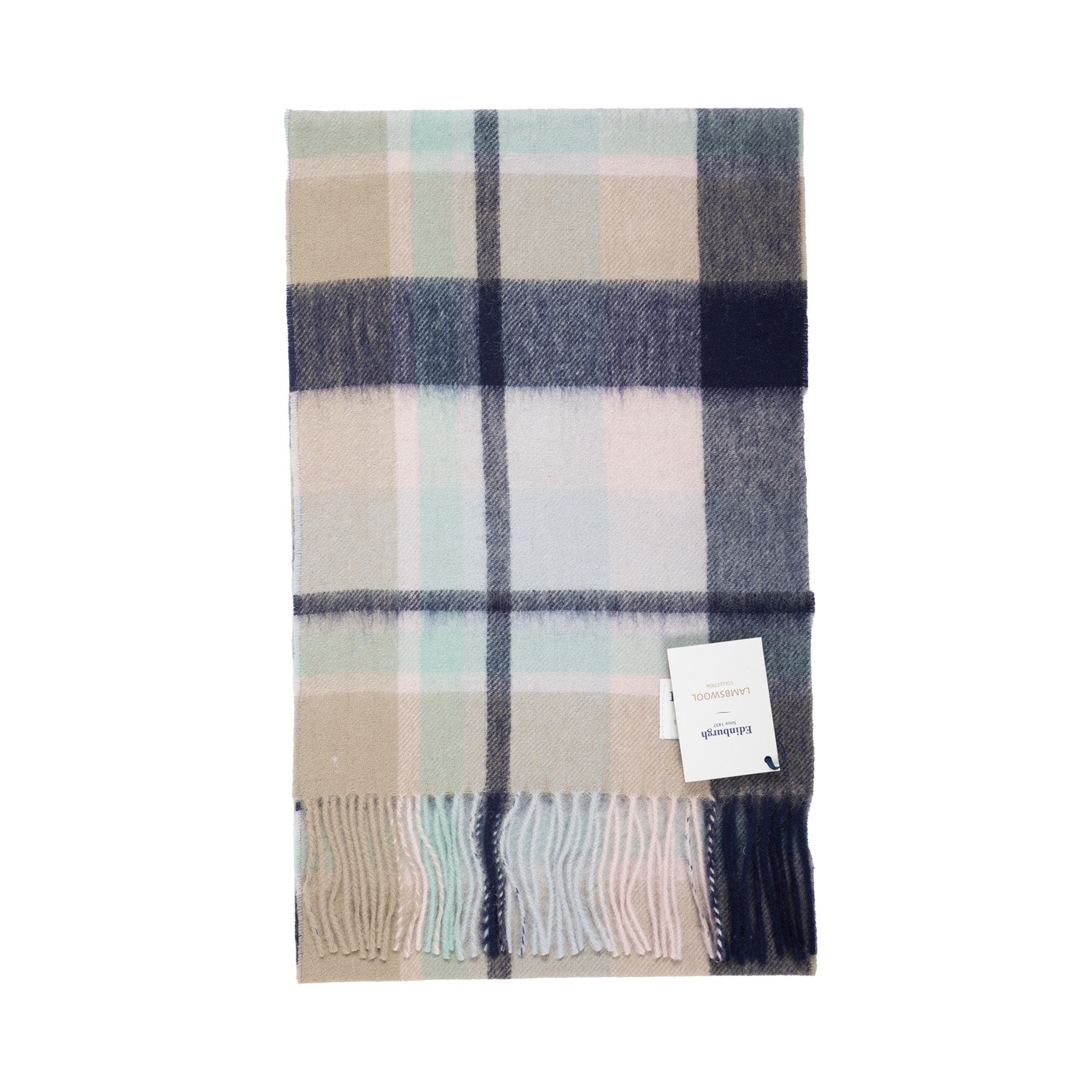 Edinburgh 100% Lambswool Scarf – Premium Soft Wool Wrap - Myriad Check - Navy/Greige/Light Blue