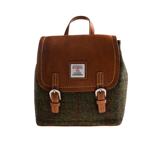 Ladies Ht Leather Small Backpack Dark Green Check / Tan