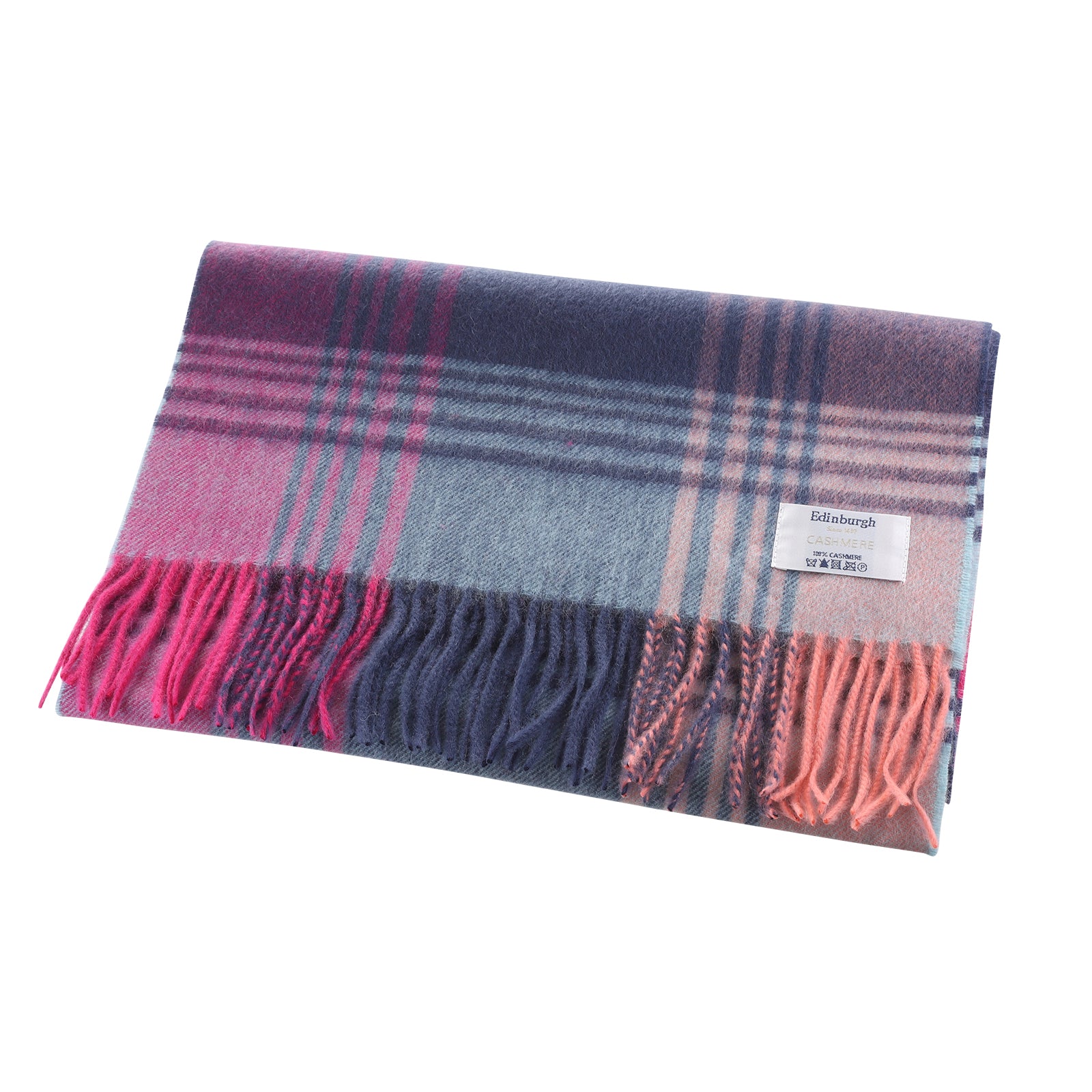 100% Cashmere Wide Tartan Scarf Broken Check - Orange/Pink/Denim