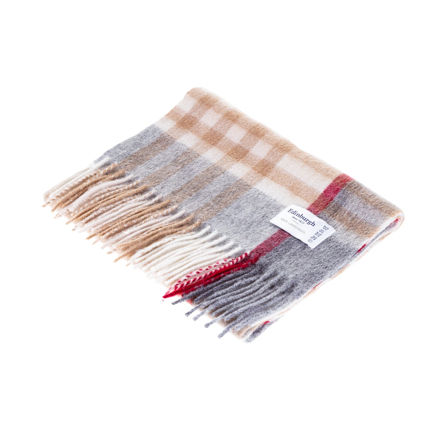 Edinburgh 100% Lambswool Tartan Scarf Chequer Tartan Lt Camel/Grey (24539)