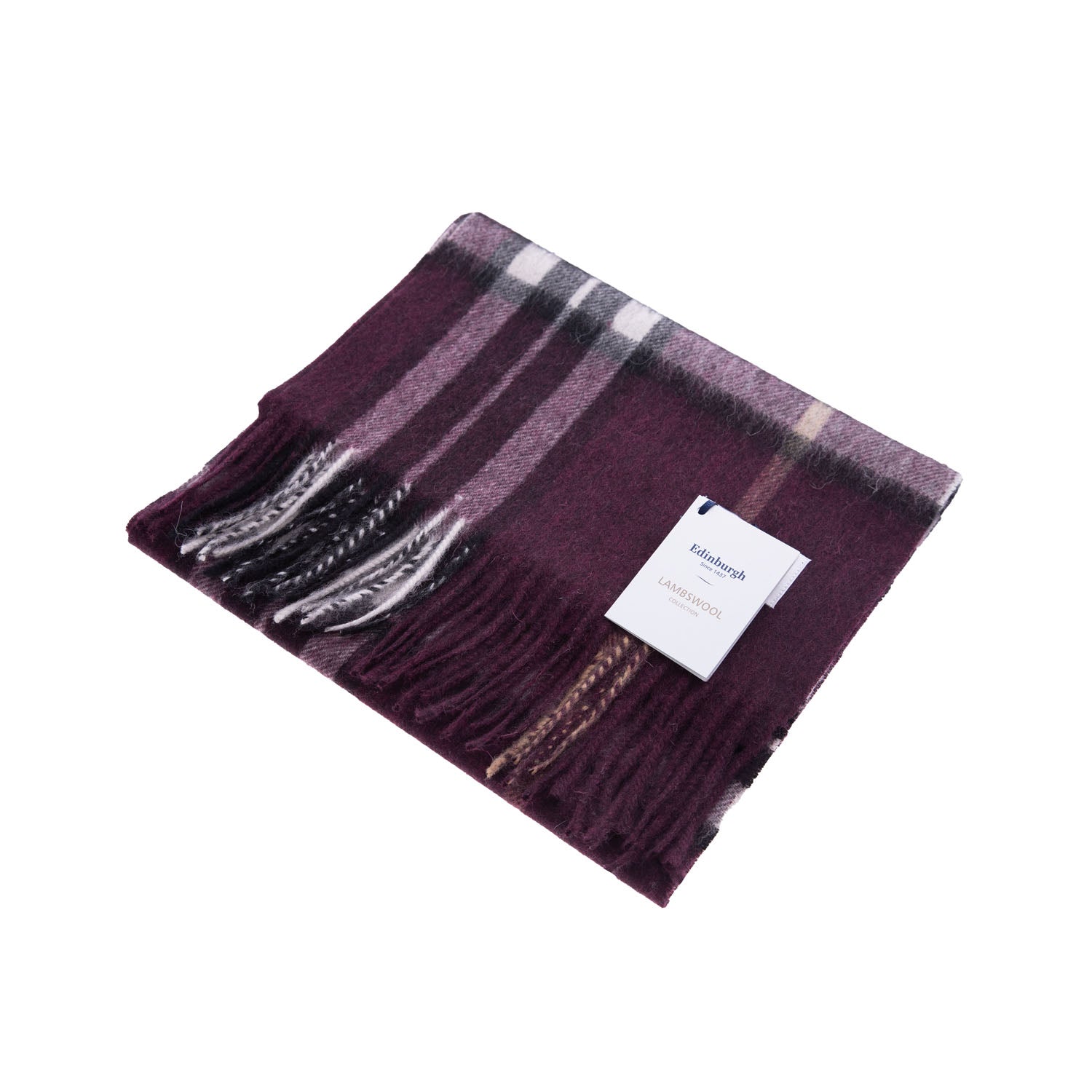 Edinburgh 100% Lambswool Tartan Scarf Enlarged Off Ctr Scotty Thom Cabernet