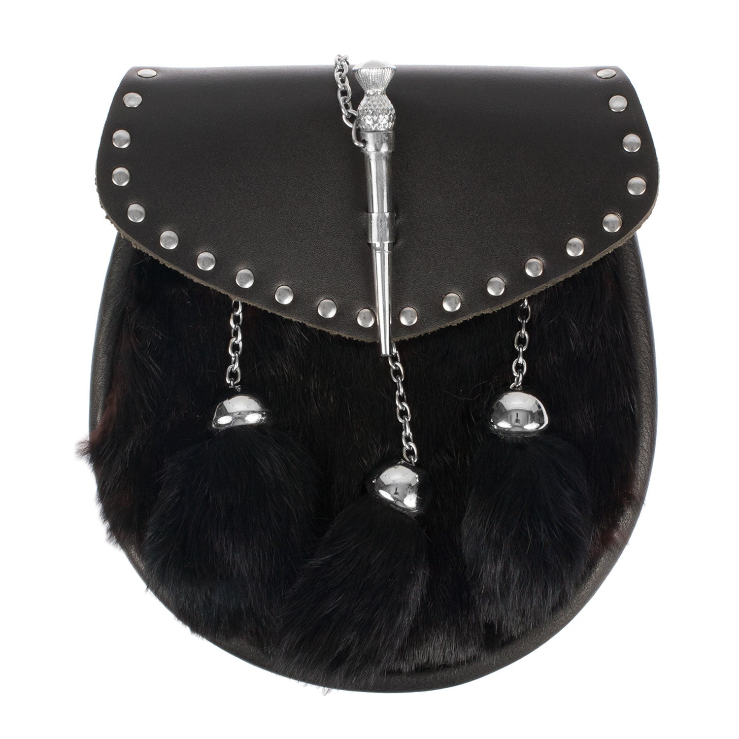 Half Dress Studded Pin And Chain Sporran Rabbit Fur (Black)