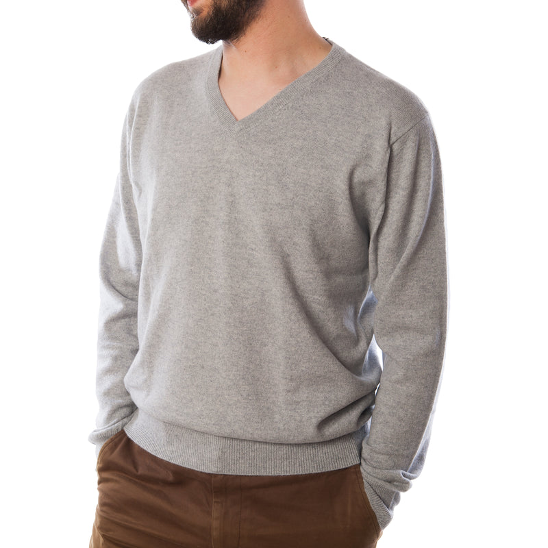 100% Cashmere V Neck Plain Men's Jumper Barcode Grey