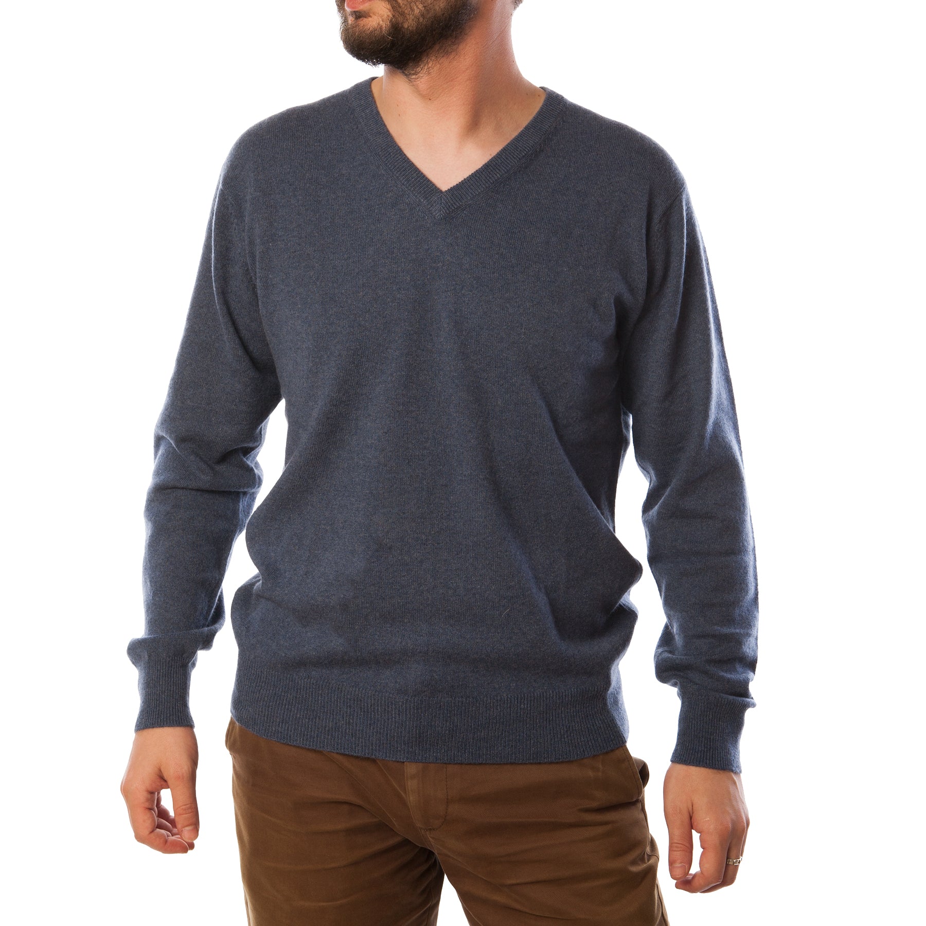 100% Cashmere V-Neck Plain Men's Jumper Denim