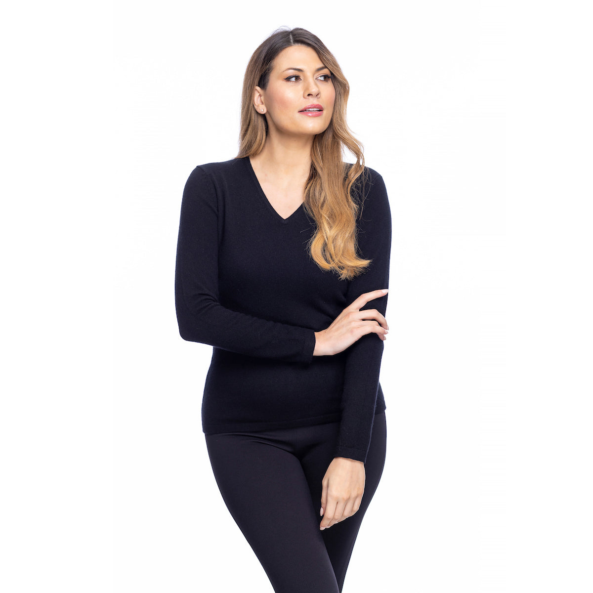 100% Cashmere Women's Fashion V-Neck Jumper Black