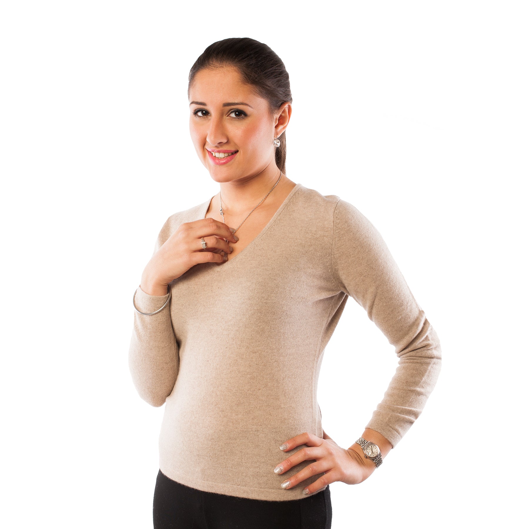 100% Cashmere Women's Fashion V-Neck Jumper Sand Beige