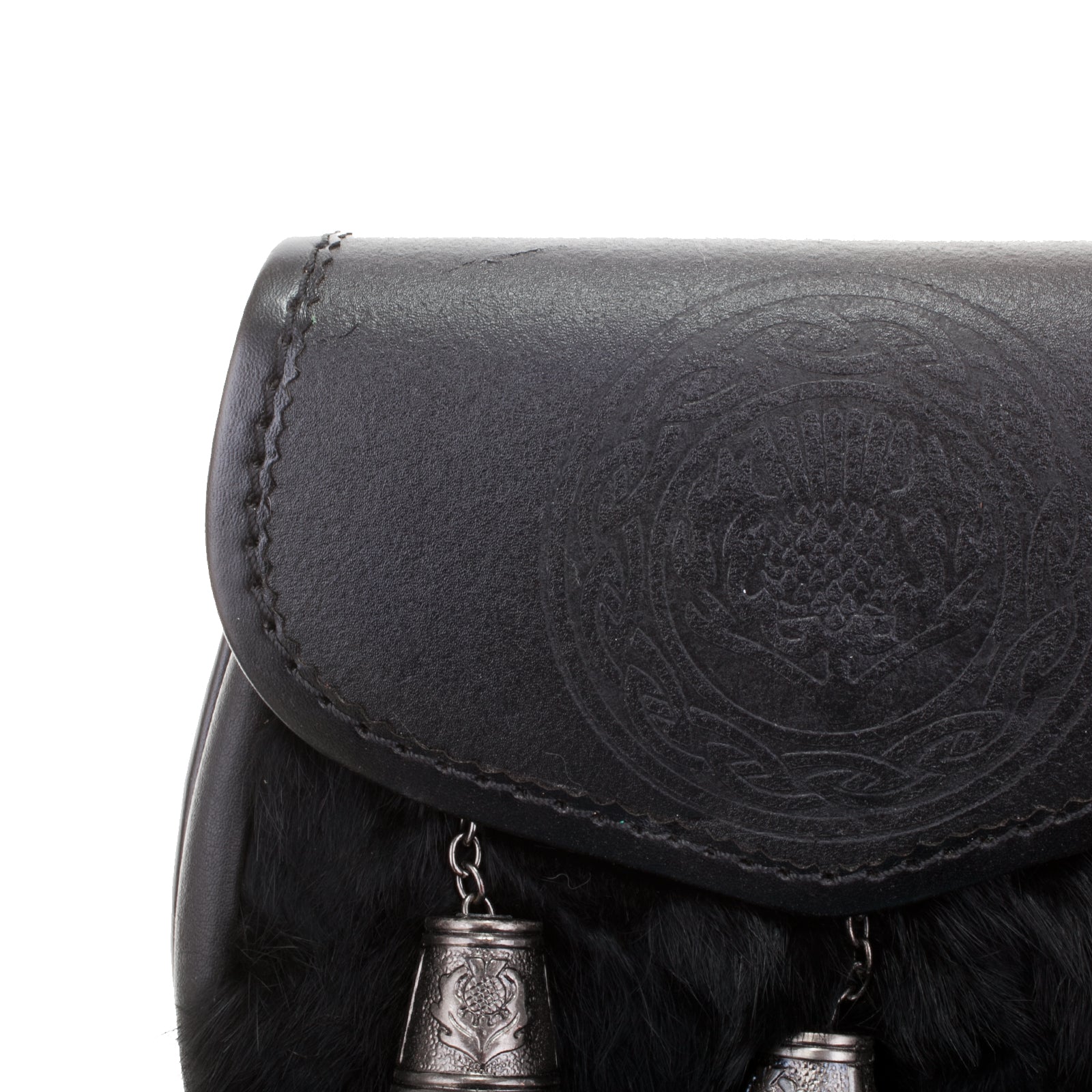 Half Dress Sporran Embossed Thistle With Celtic Circle, Antique Rabbit Fur (Black) / Antique Finish