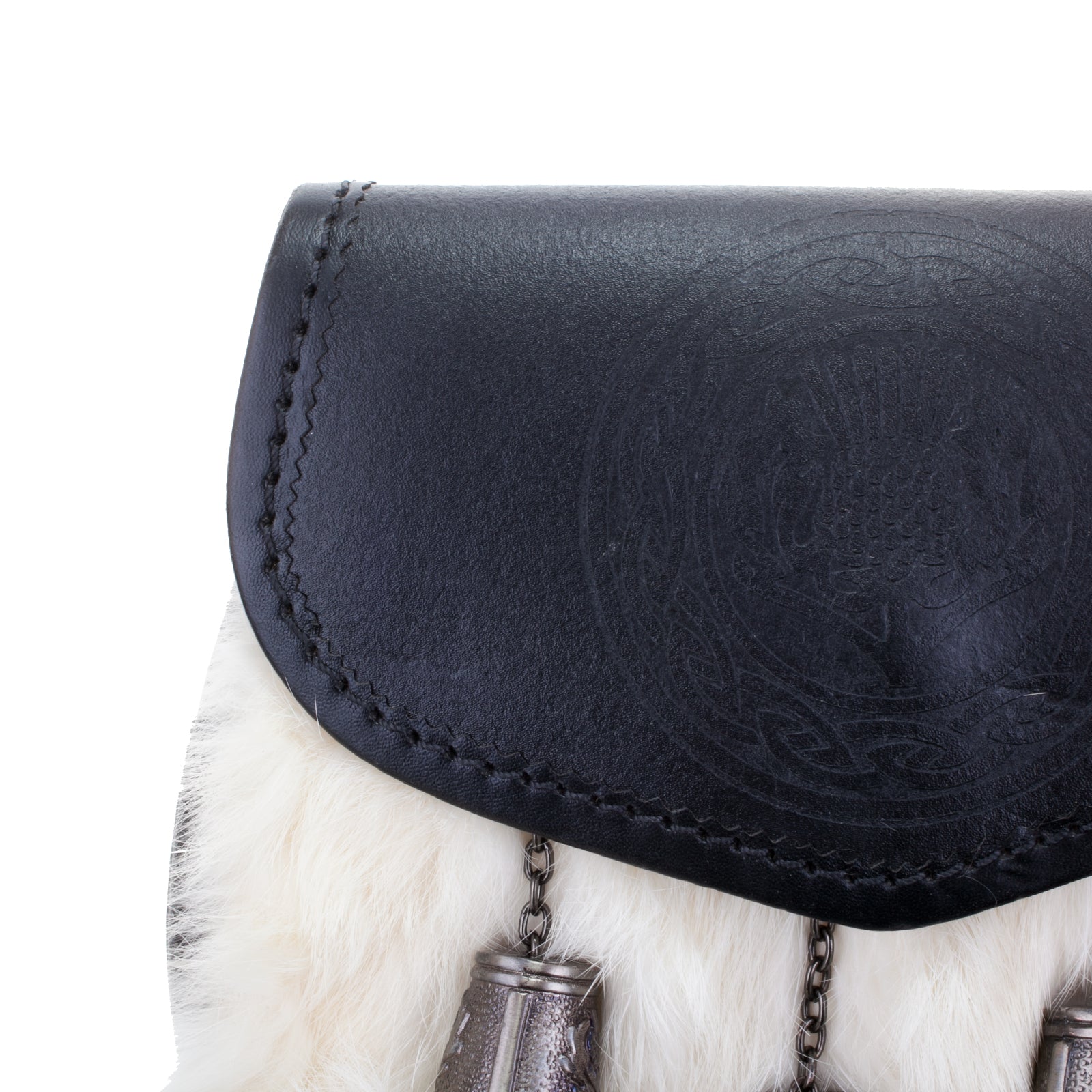 Half Dress Sporran Embossed Thistle With Celtic Circle, Antique Rabbit Fur (White) / Antique Finish