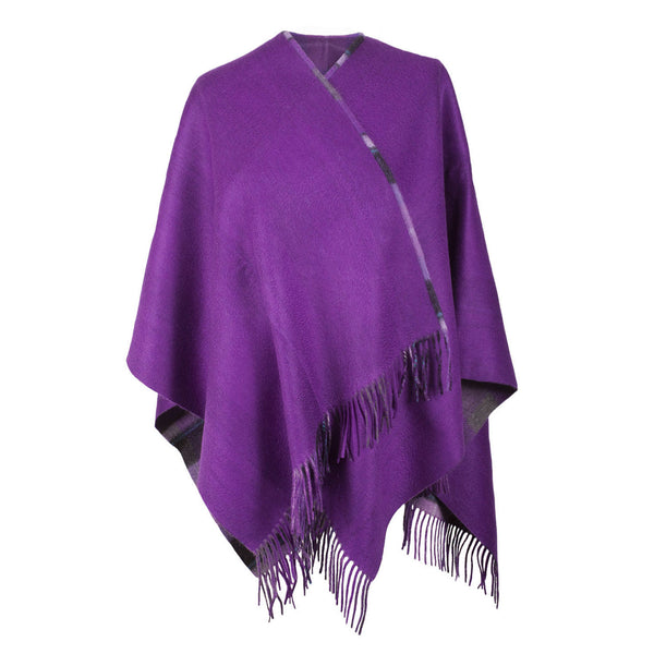 Ladies Cashmere Reversible Big Check Mini Cape Bruce-Purple Grey/Purple