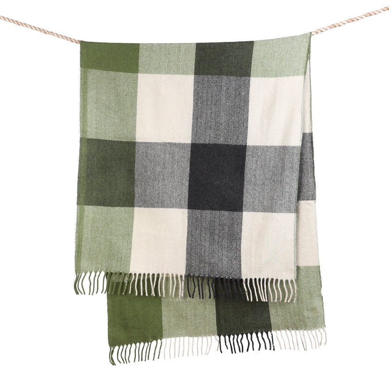 Block Check Herringbone Knee Blanket Natural Green